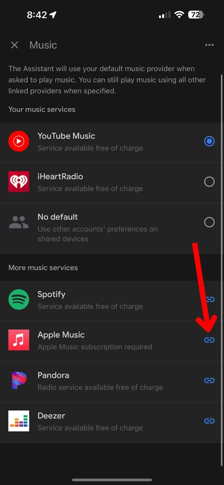 Tap on the Chain icon near the Apple Music on Google Home
