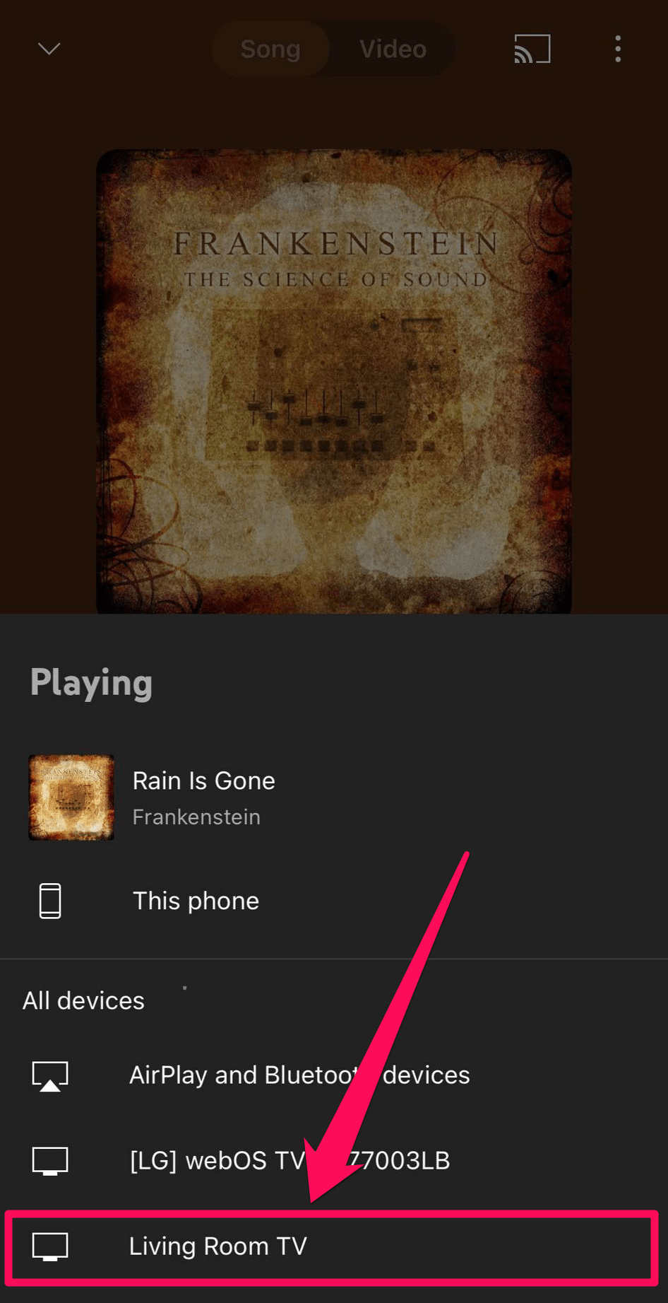 Select your Chromecast from the list on YouTube Music