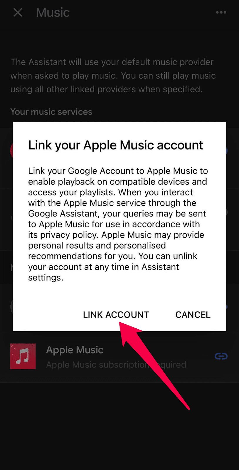 Tap on the Link Account button on Google Home