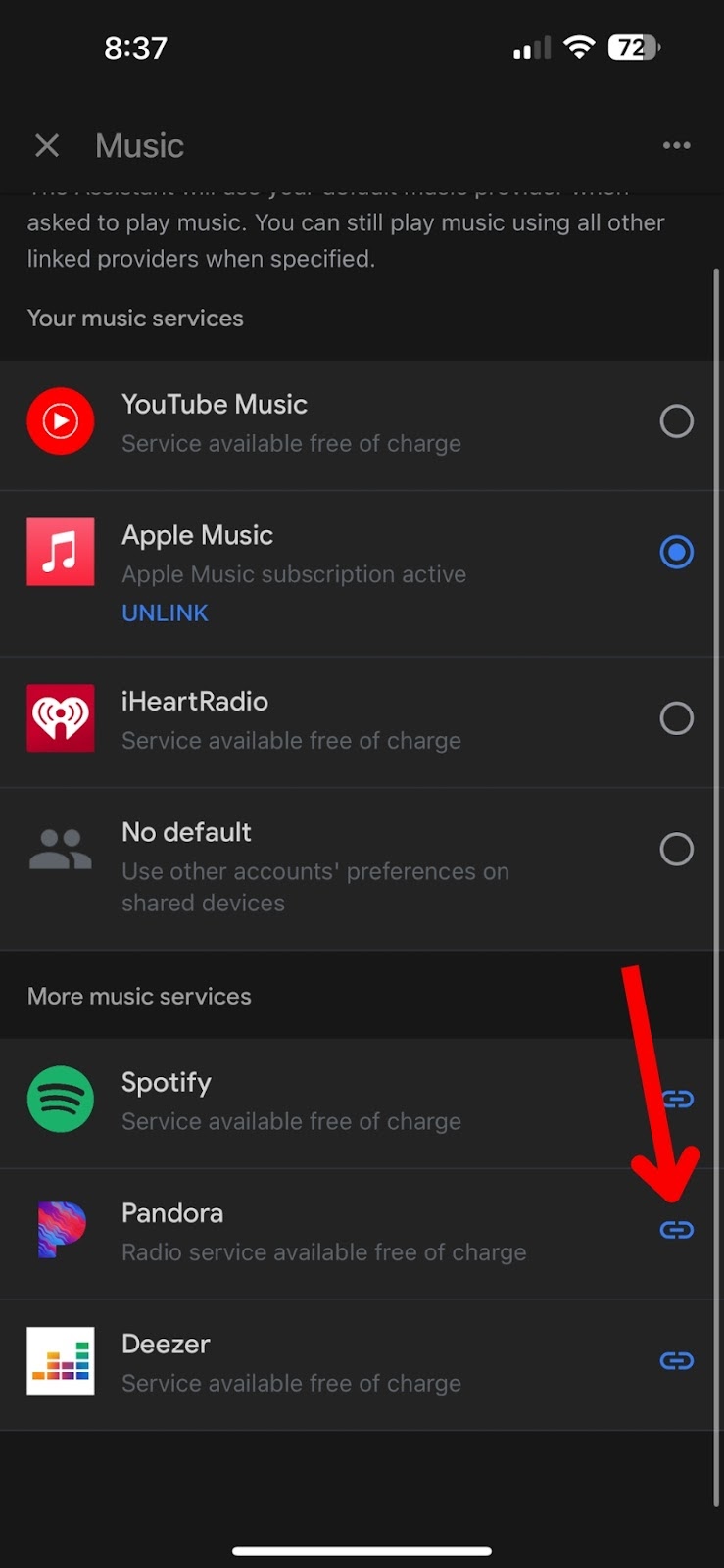 Tap on the Chain icon near the Pandora on Google Home