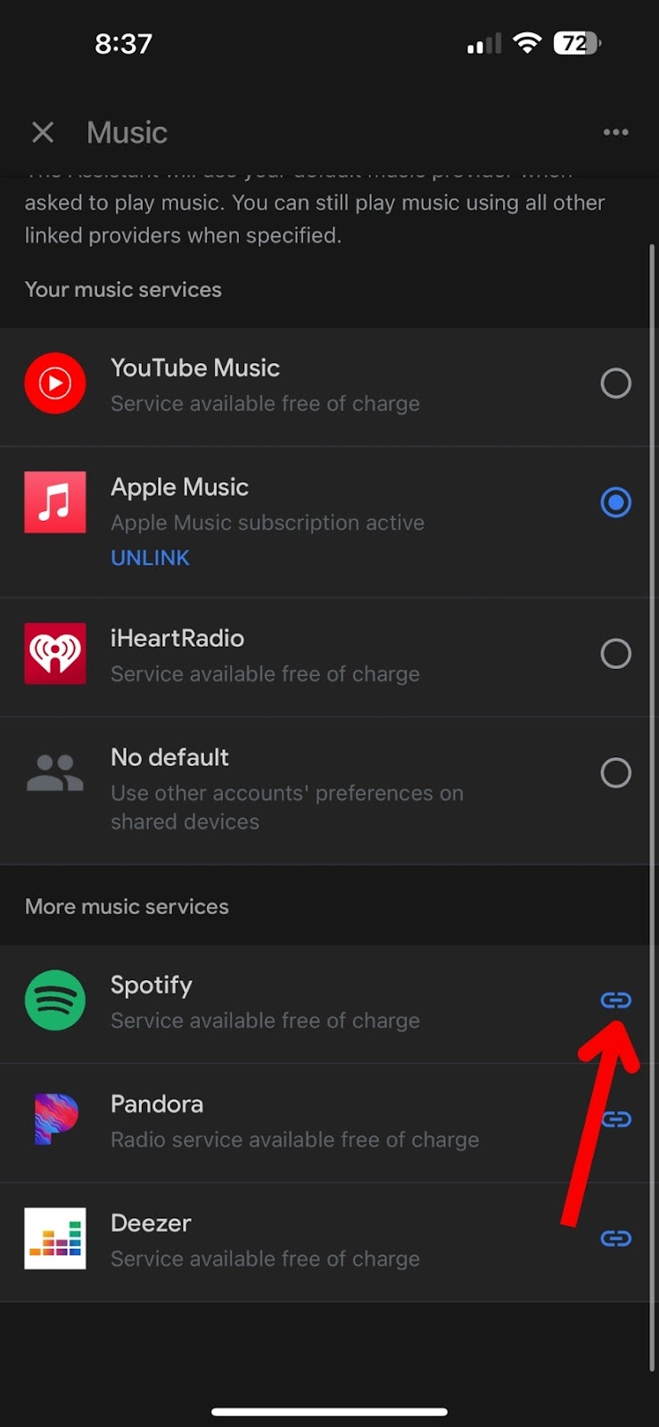 Tap on the Chain icon near the Spotify on Google Home