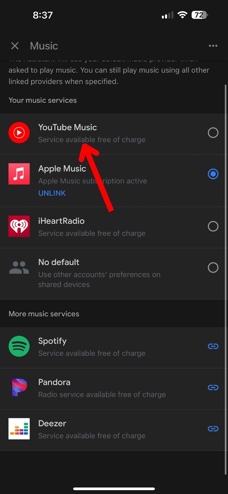 Tap on the Chain icon near the YouTube Music on Google Home