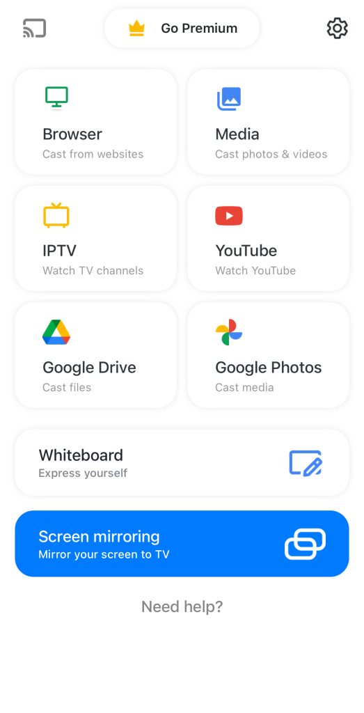 Main dashboard of the Screen Mirroring | Smart TV app