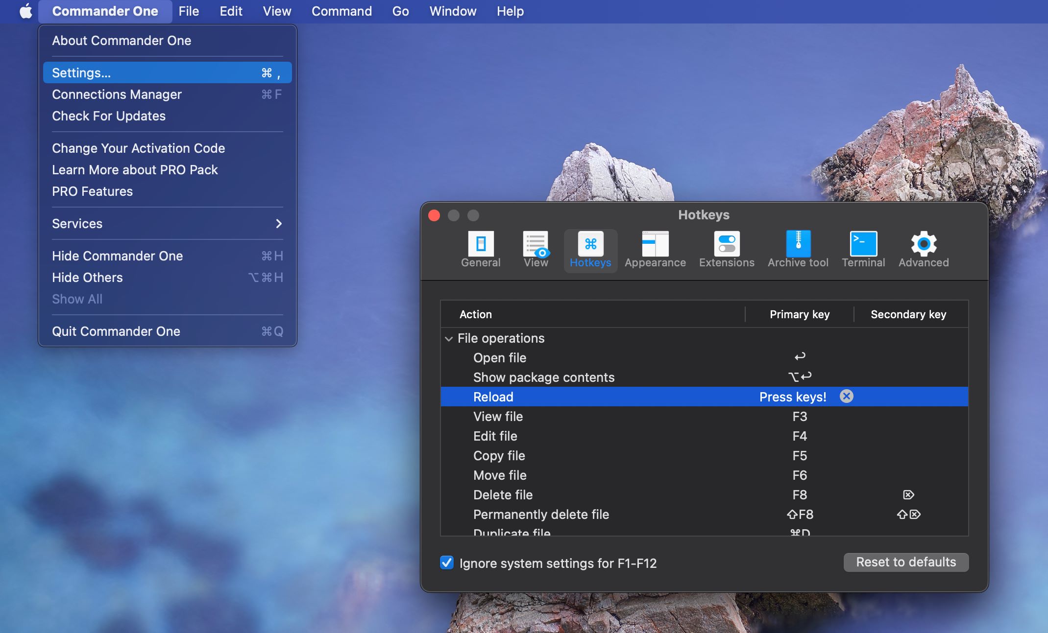 Panel for setting up hotkeys.