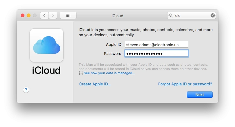 The iCloud login window