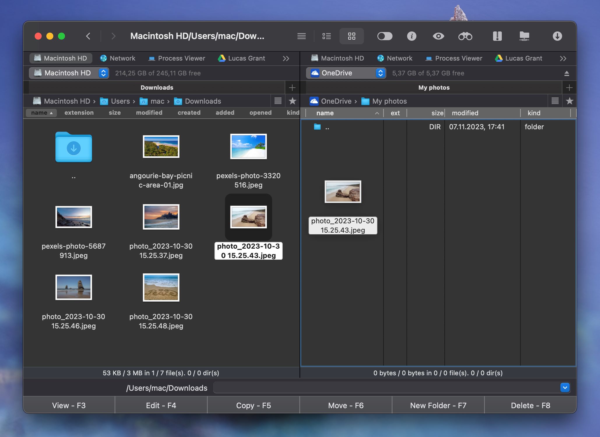 Interfaz de gestor de archivos de doble panel para Mac.