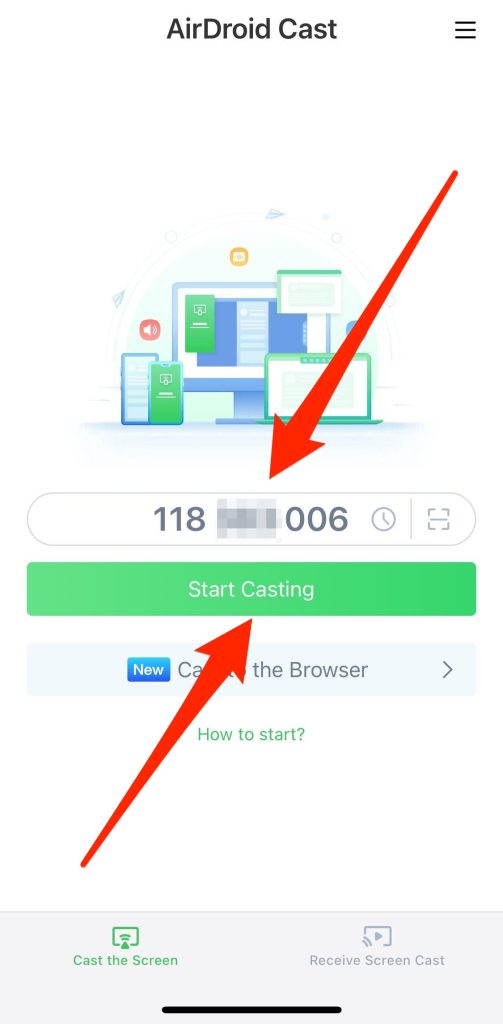 Enter the code and tap on the Start Casting button in AirDroid Cast