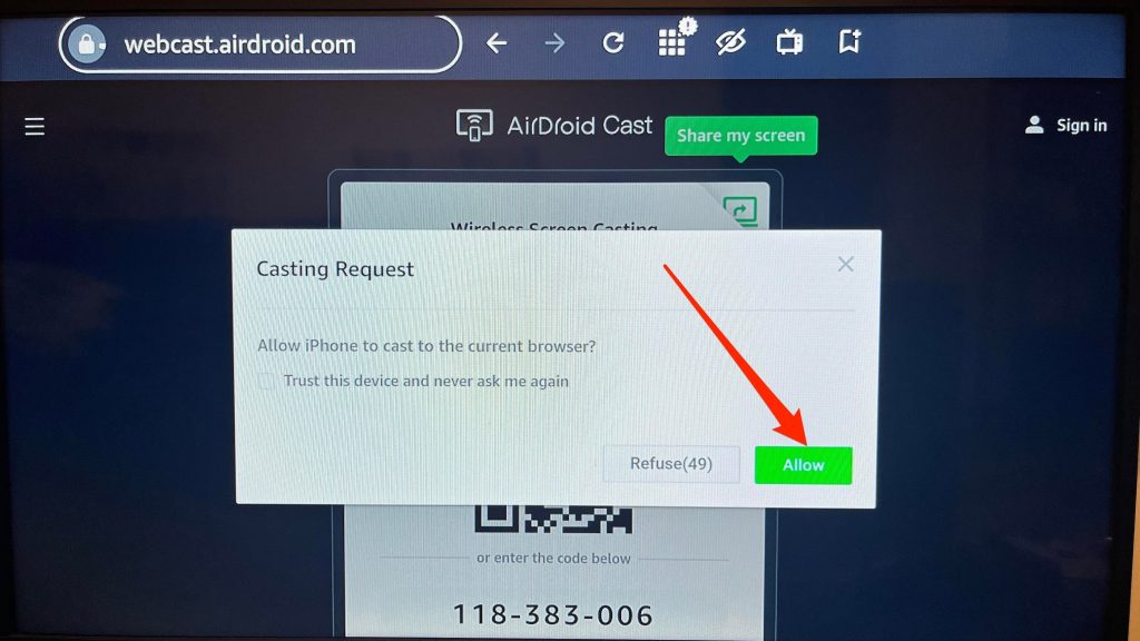 Give your iPhone permission to cast via AirDroid Cast