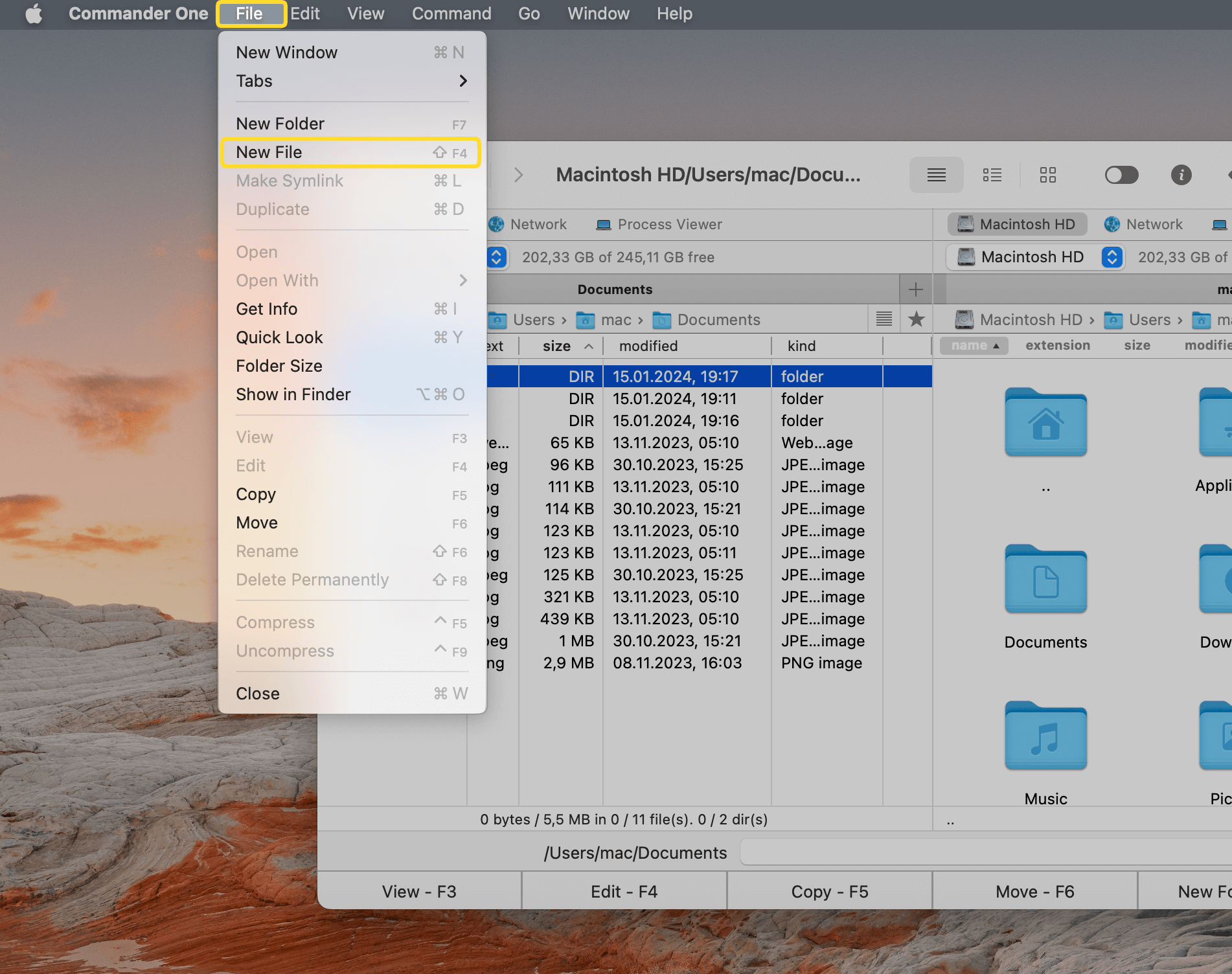 How to create new file on Mac with Commander One