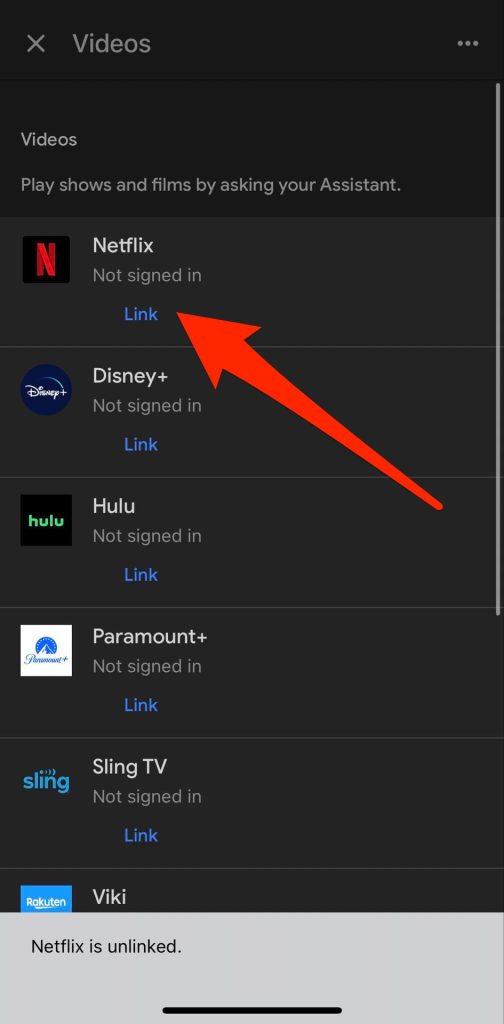 Tap on Link under Netflix in Google Home