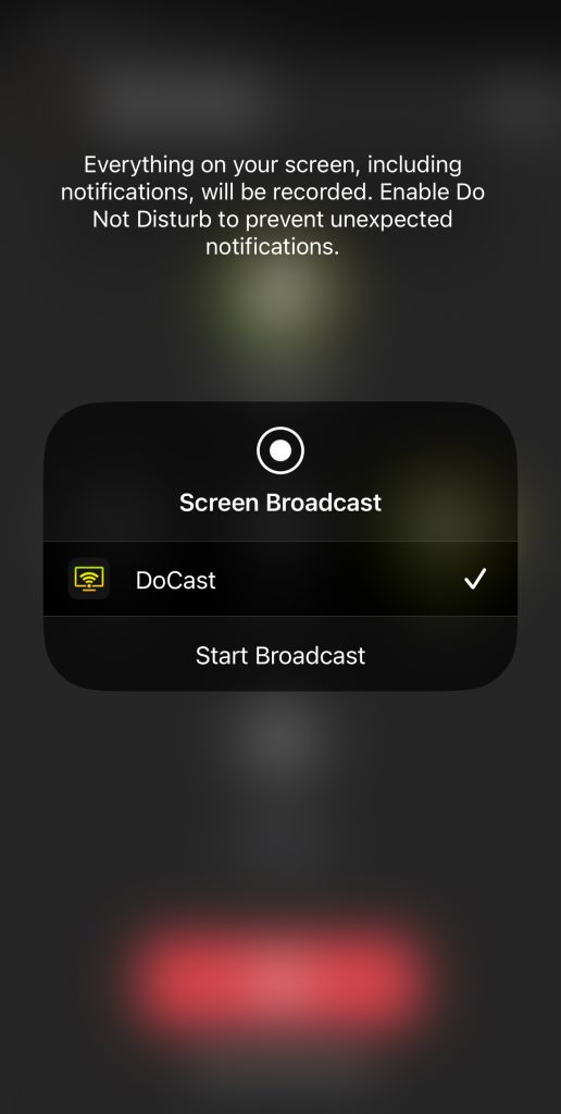 Tap on the Start Broadcast button in DoCast on iPhone