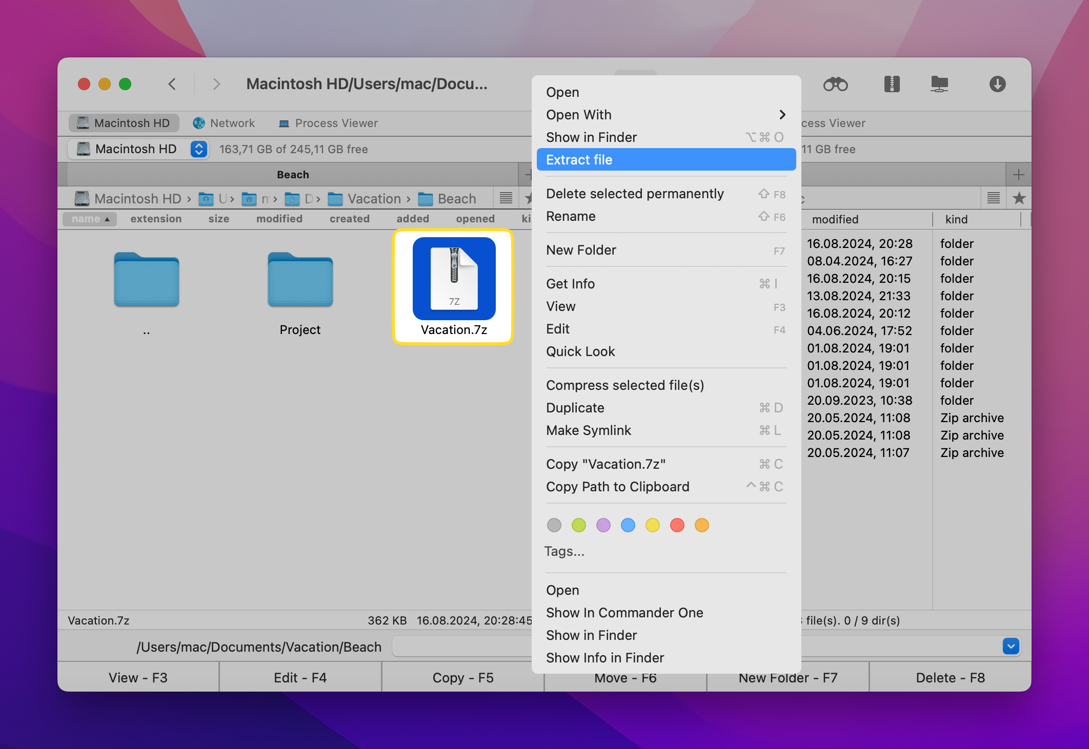 The Extract 7z file option is demonstrated