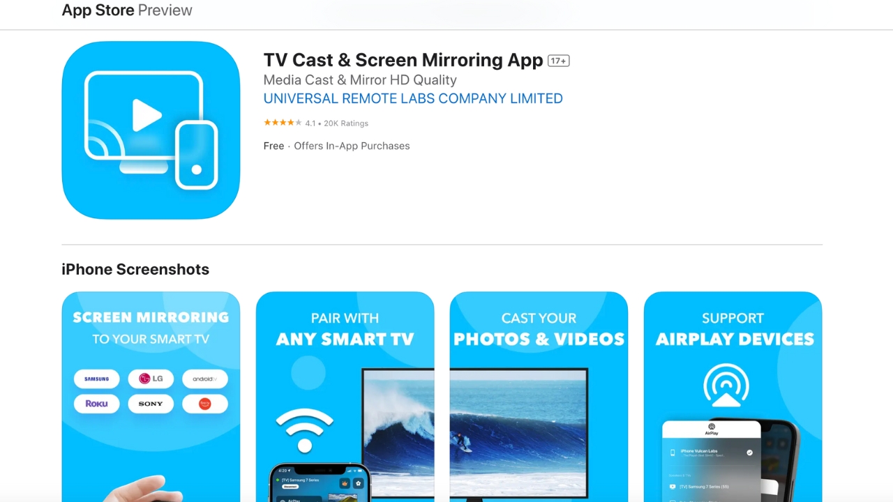 A screenshot of the TV Cast & Screen Mirroring App in the App Store