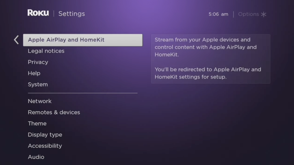 Go to Apple AirPlay and HomeKit option on Roku TV