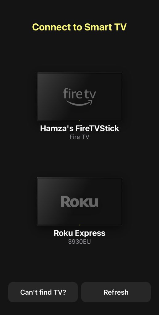 The list of Fire TV devices DoCast can mirror to from the iPhone