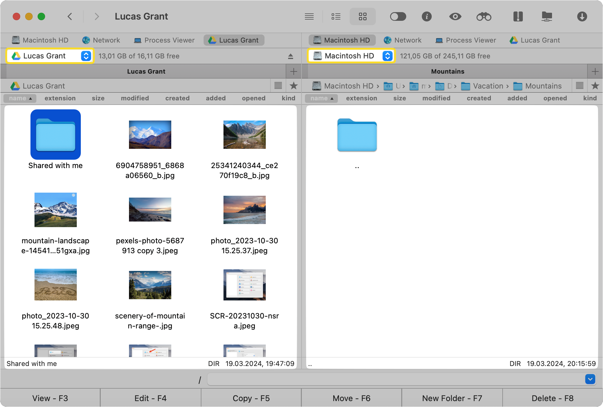 Google Drive folder is opened in the left pane and the local Mac folder - in the right one.