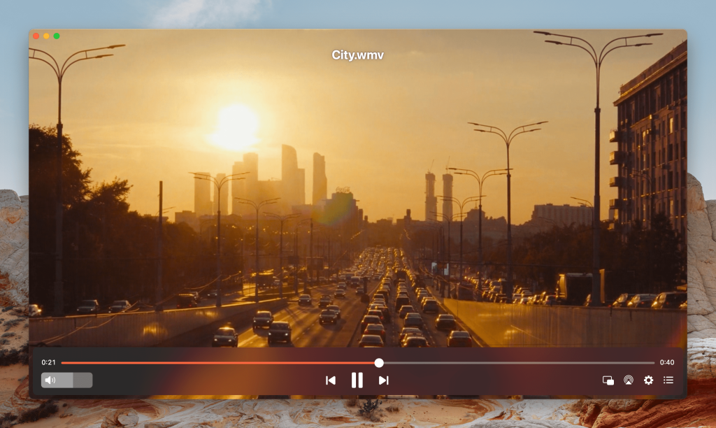 City.wmv video is opened in the Elmedia Player app.
