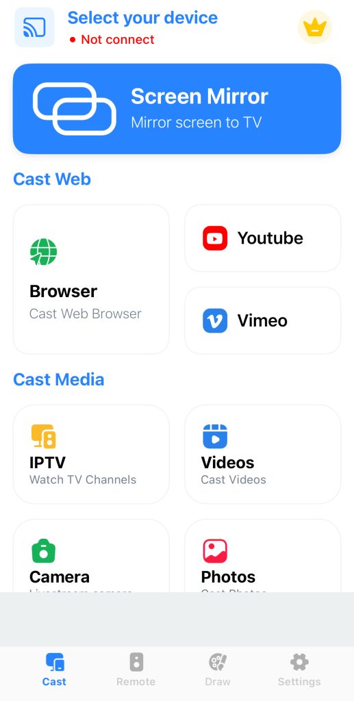 The Screen Mirroring: SmartTV Cast app homepage