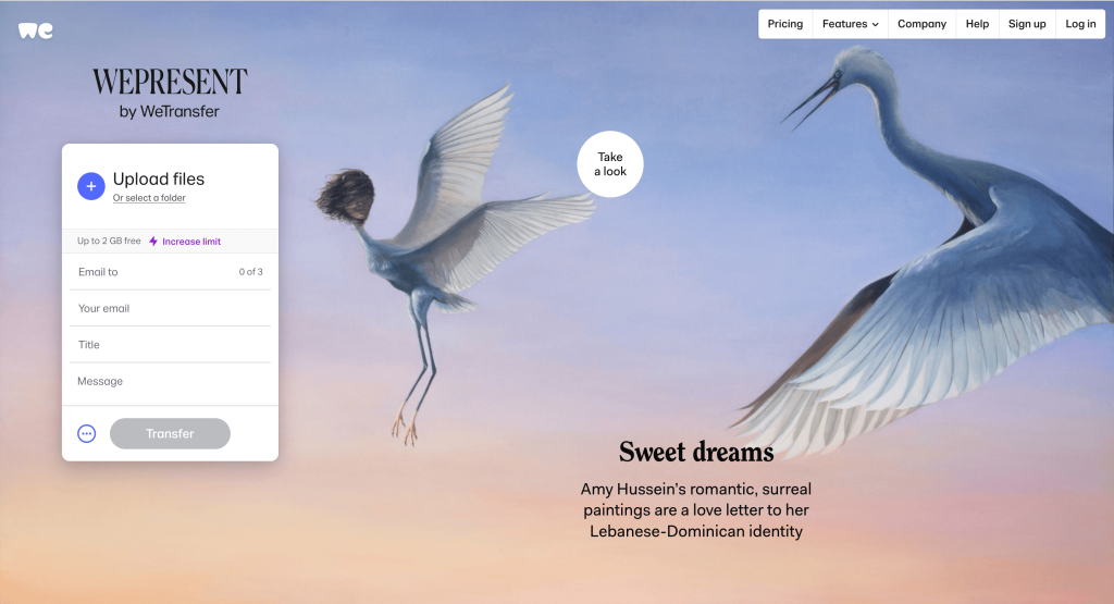 The screenshot of the WeTransfer website.