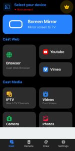 The Screen Mirroring: SmartTV Cast app homepage