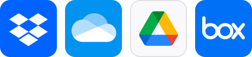 Dropbox, OneDrive, Google Drive and Box cloud storages logotypes are demonstrated.