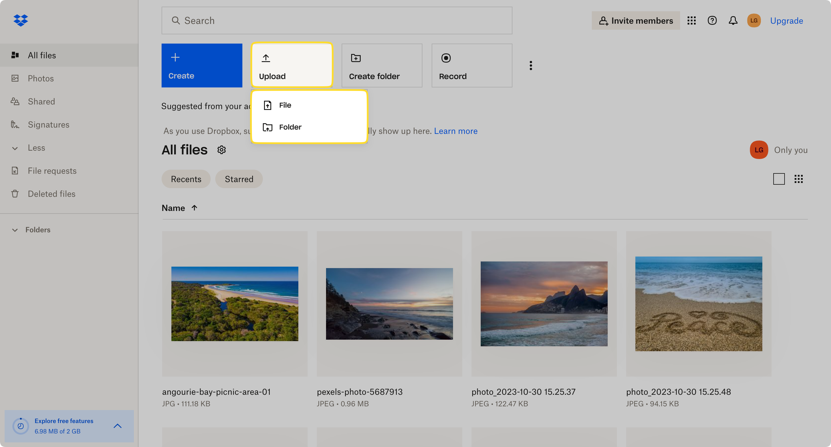 The Upload button and its options - File and Folder - are demonstrated at the Dropbox dashboard.