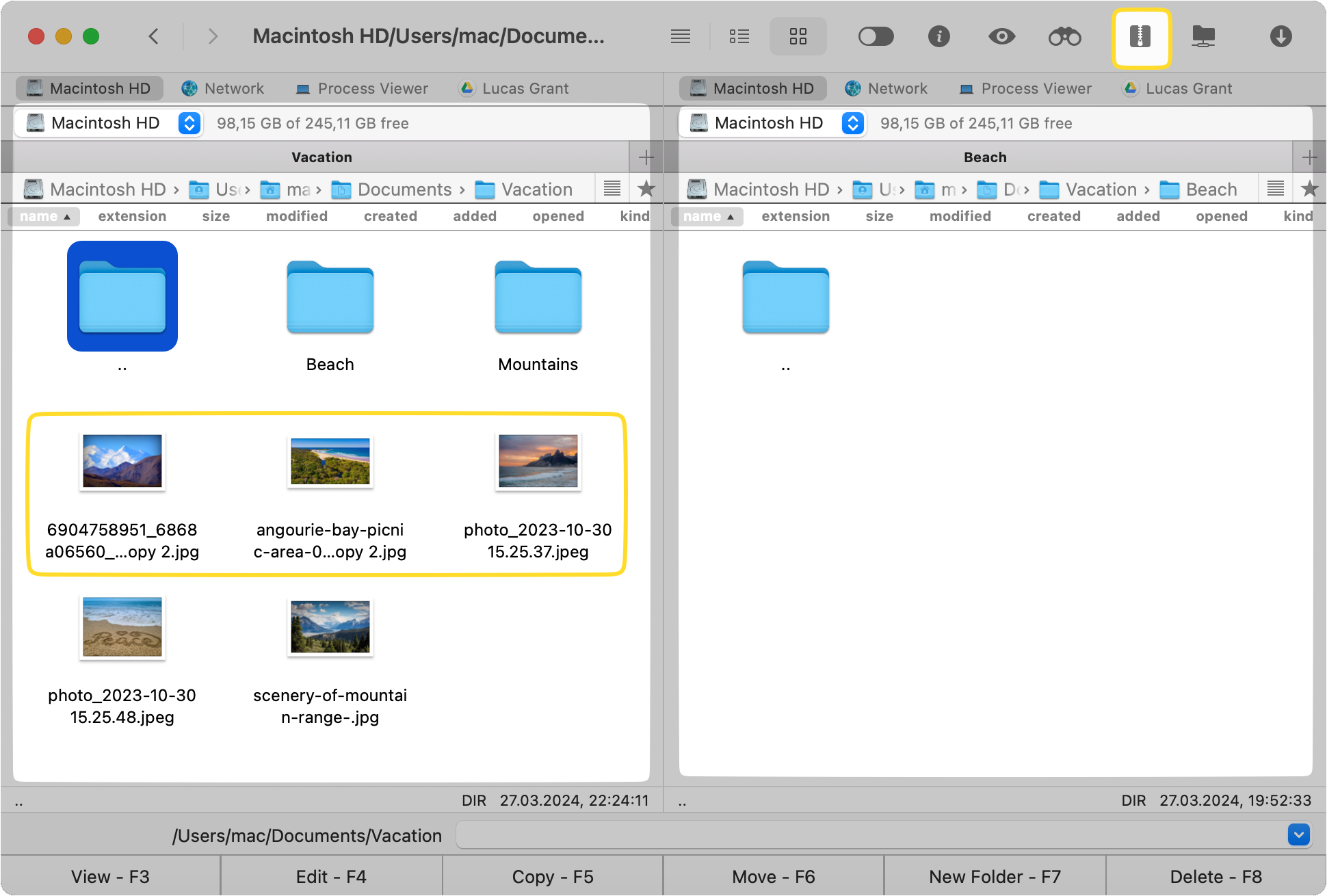 Three JPG files and the "Compress files" icon are circled with yellow