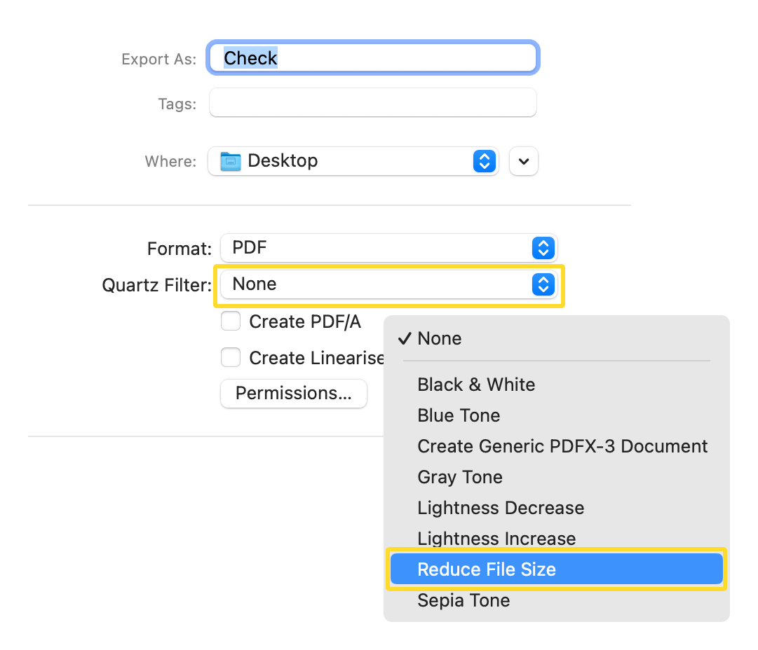 The Reduce File Size option of the Export menu is shown