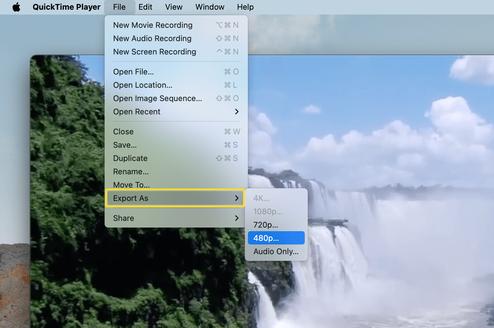 The QuickTime Player's File menu is opened and the Export As option is demonstrated