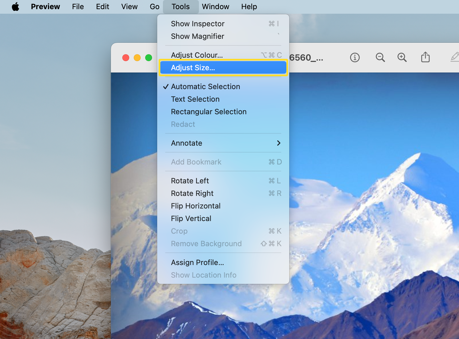 The menu bar of the Preview application and the Tools drop-down menu are demonstrated