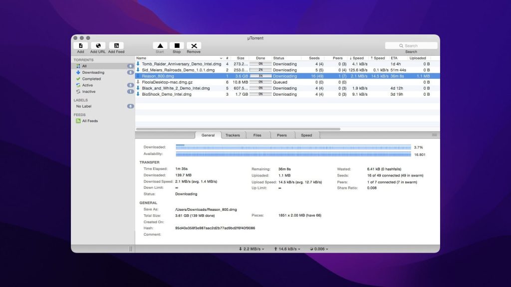 uTorrent  is a lightweight and free torrent client for Mac.