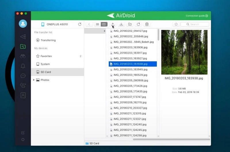 AirDroid ऐप इंटरफ़ेस