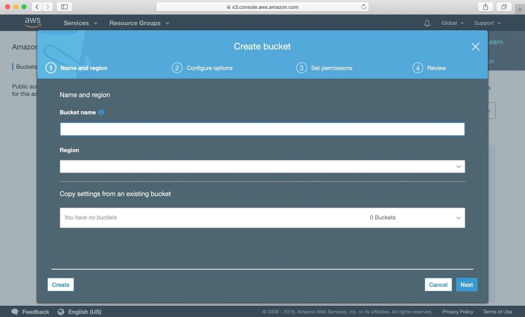 Steps to create Amazon S3 bucket.