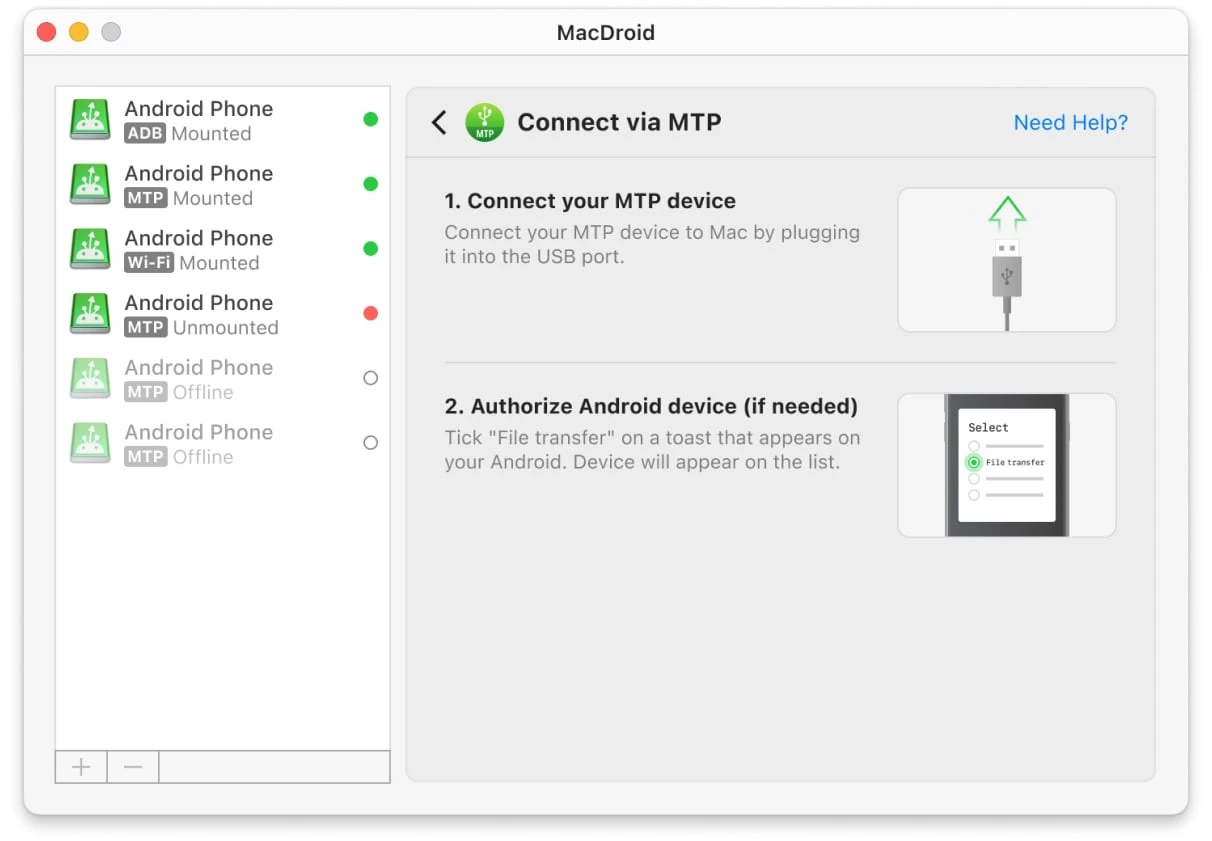 Ouvrez MacDroid et sélectionnez le mode MTP