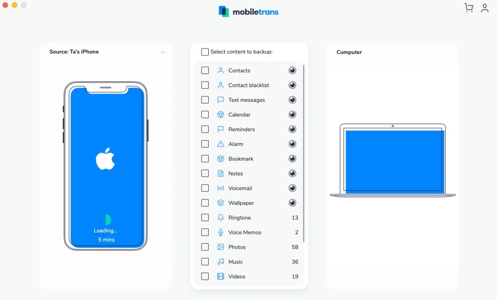 MobileTrans is a phone-to-phone transfer solution that supports transferring up to 18 types of data.