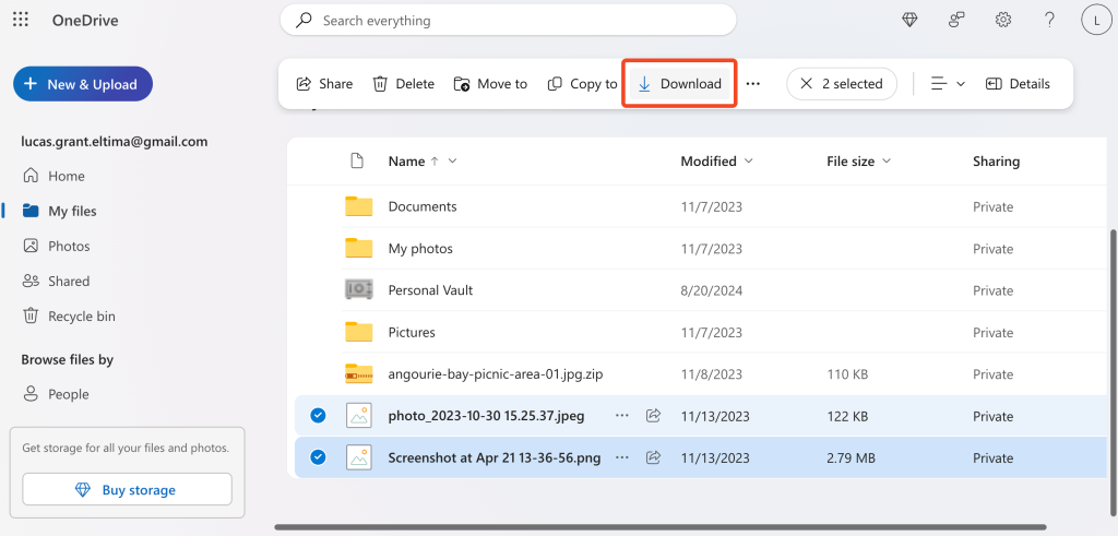 OneDrive file downloading via the top menu