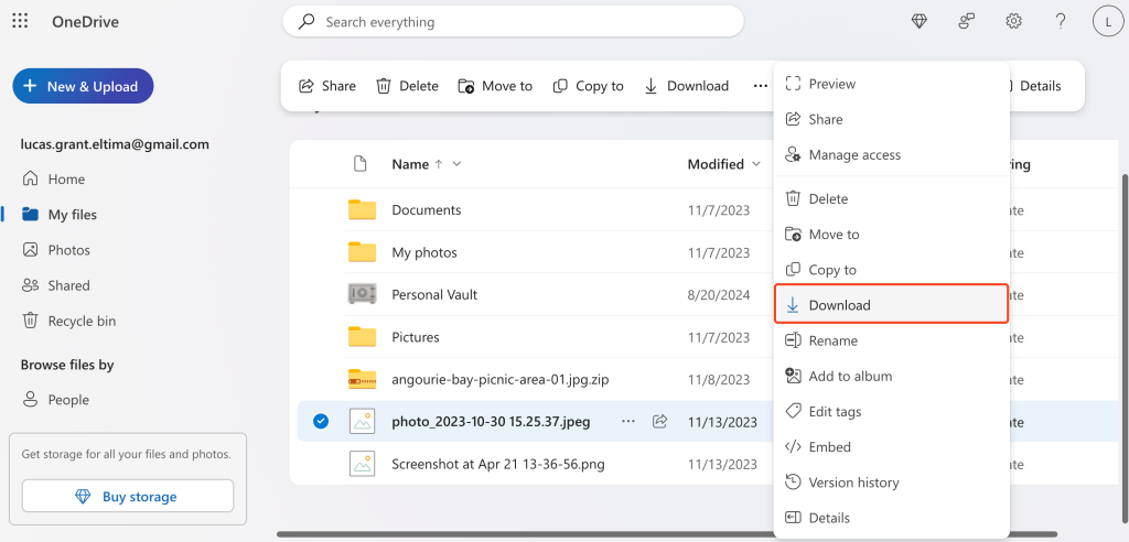 OneDrive file downloading by right-click