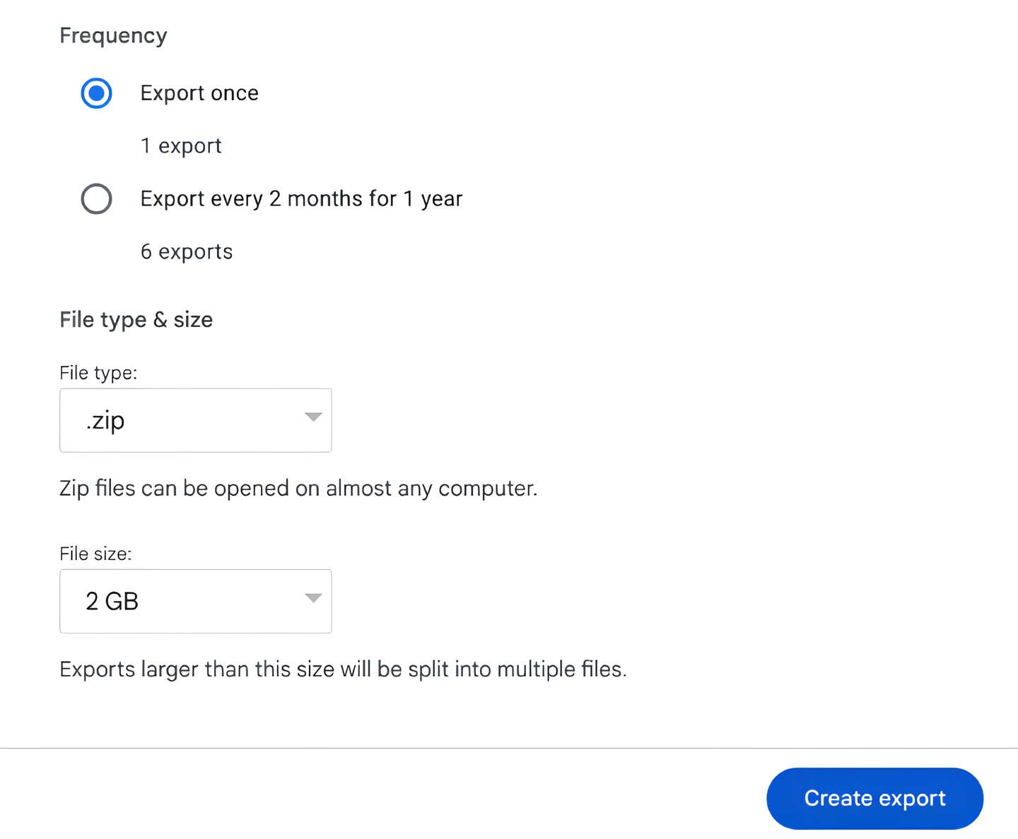 Setting export frequency, file type and size