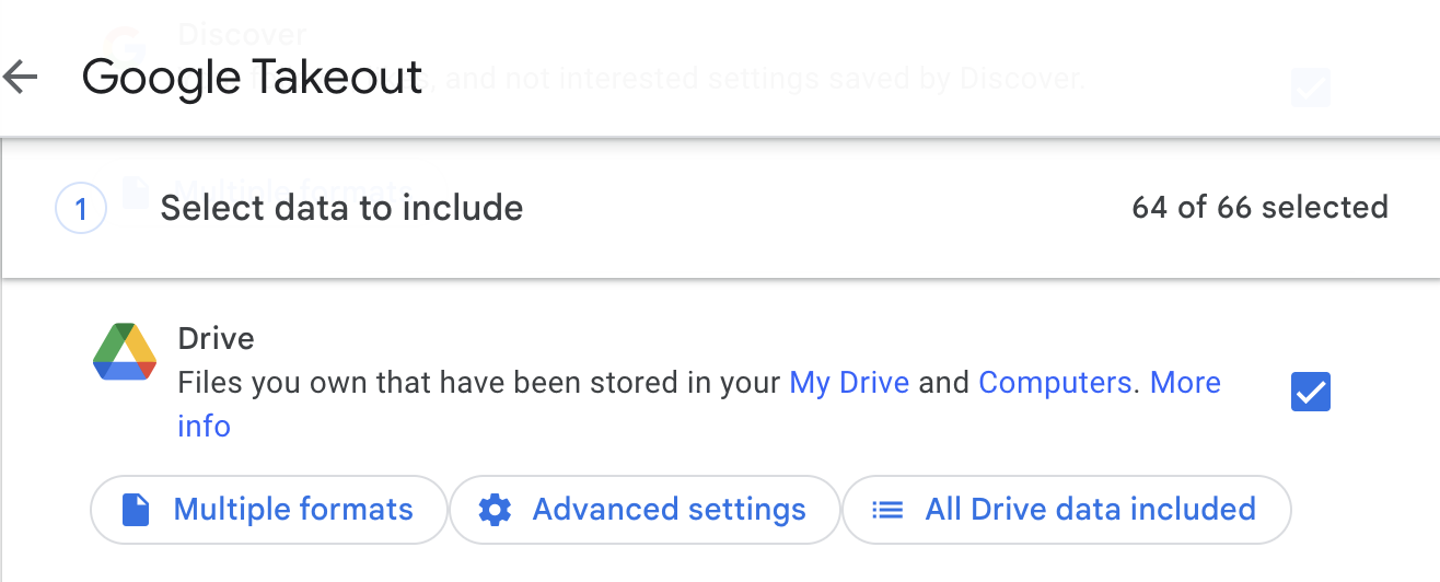 Selecting Drive to include its files in the export on Google Takeout