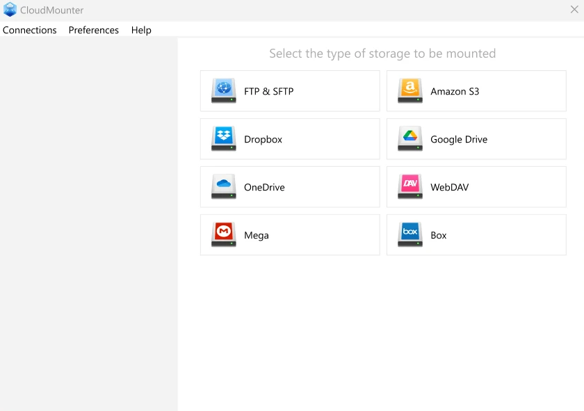 Google Drive and OneDrive in the CloudMounter dialog on Windows OneDrive and Google Drive in the Connections box on Windows