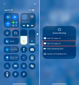 Screen Mirroring button in the iPhone Control Center and Roku TV selection