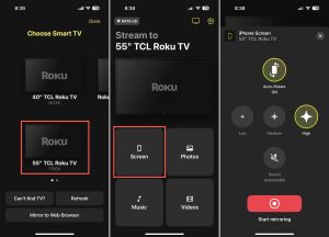 Select your Roku TV, tap the Screen option and press the Screen mirroring button in DoCast