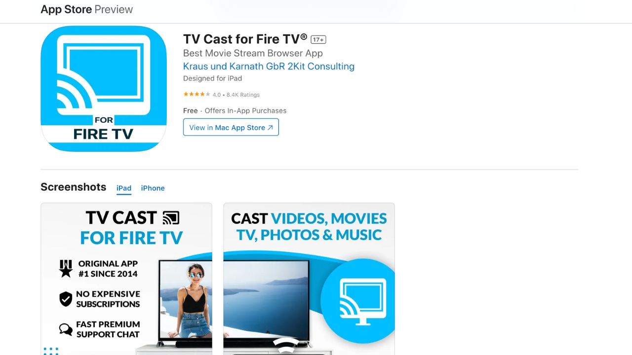 Skjermbilete av TV Cast for FireTV i appbutikken. 