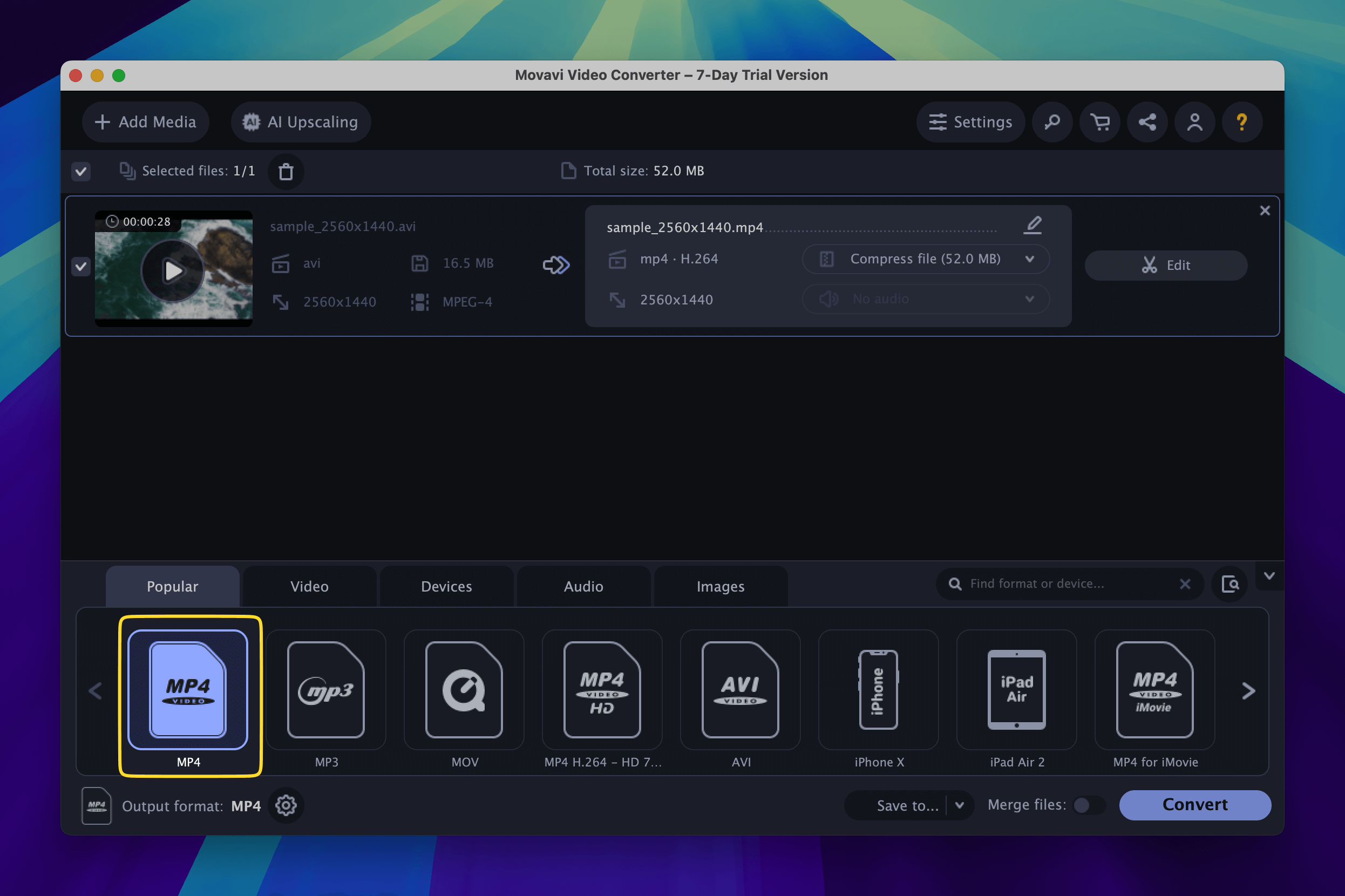 The MP4 output format is highlighted