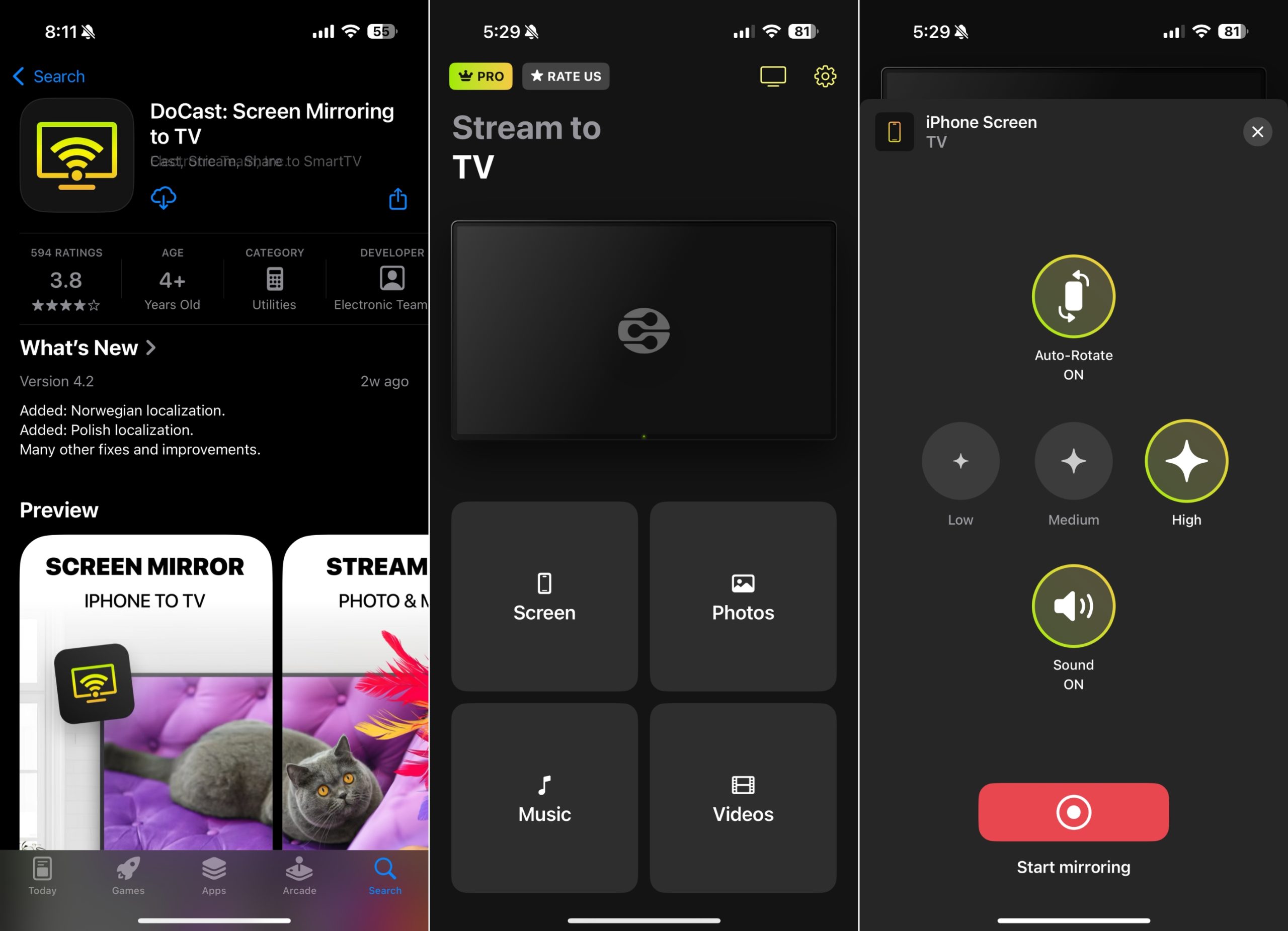 Three screenshots of the DoCast app depicting various screens possible within the app. 