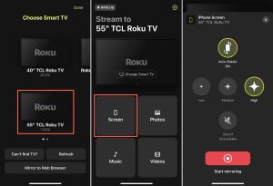 Select your Roku TV, tap the Screen option and press the Screen mirroring button in DoCast