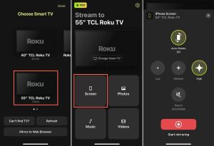 Select your Roku TV, tap the Screen option and press the Screen mirroring button in DoCast