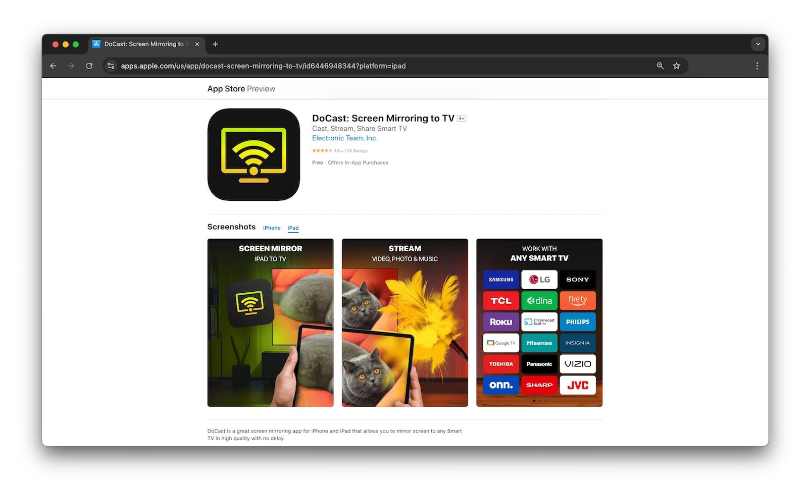 DoCast is the best app to screen mirror iPad to Samsung TV