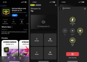 Three screenshots of the DoCast app depicting various screens possible within the app. 