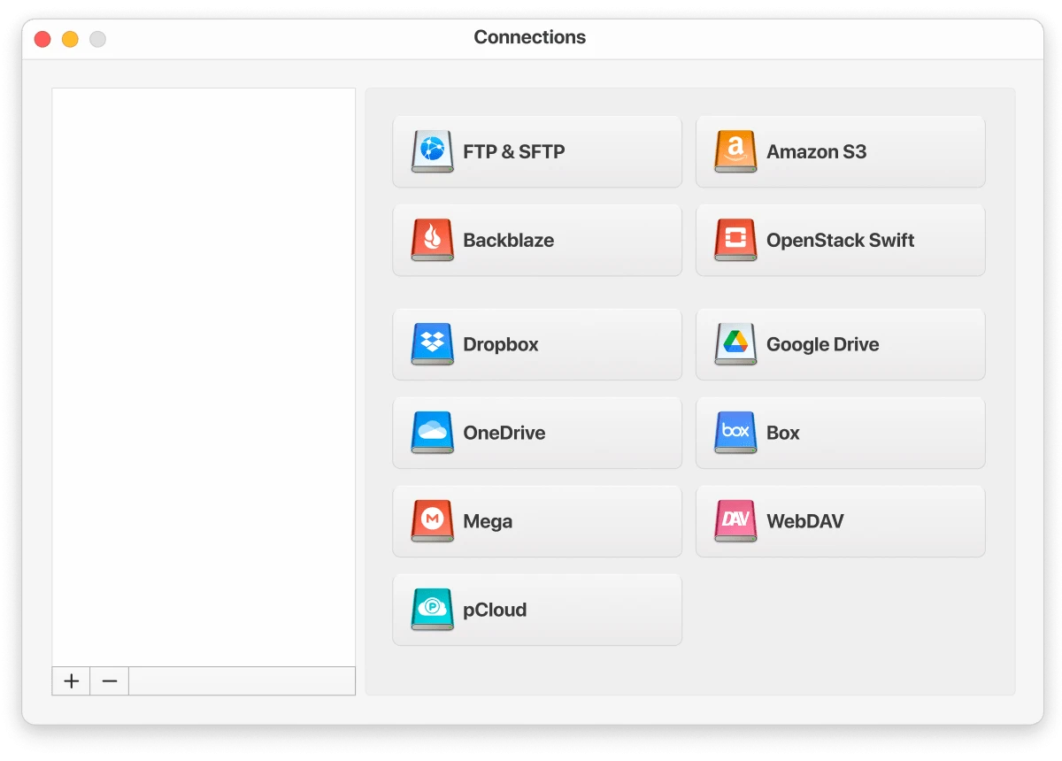 OneDrive and Google Drive in the CloudMounter window on Mac Google Drive and OneDrive in the Connections box on macOS
